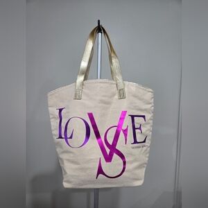 Victoria's Secret Cream Canvas Tote Bag with Metallic Gold Handles and Pink Logo